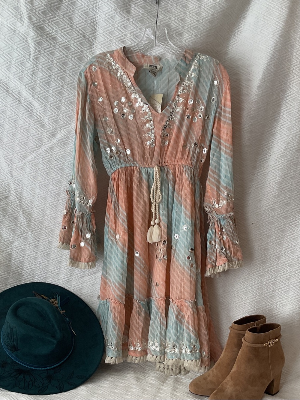 Sequin-Embellished Peasant Midi Dress in Peach & Light Blue